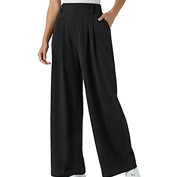 Halara Black Pleated Textured High Waist Wide Leg Pull On Pants Sz PETITE LARGE - Picture 1 of 10